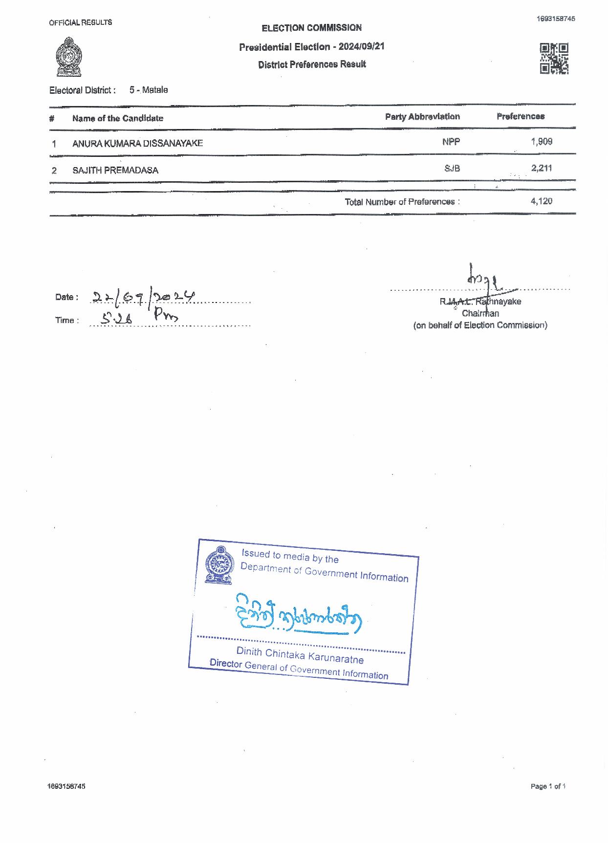 District Preferences Results Matale page 001